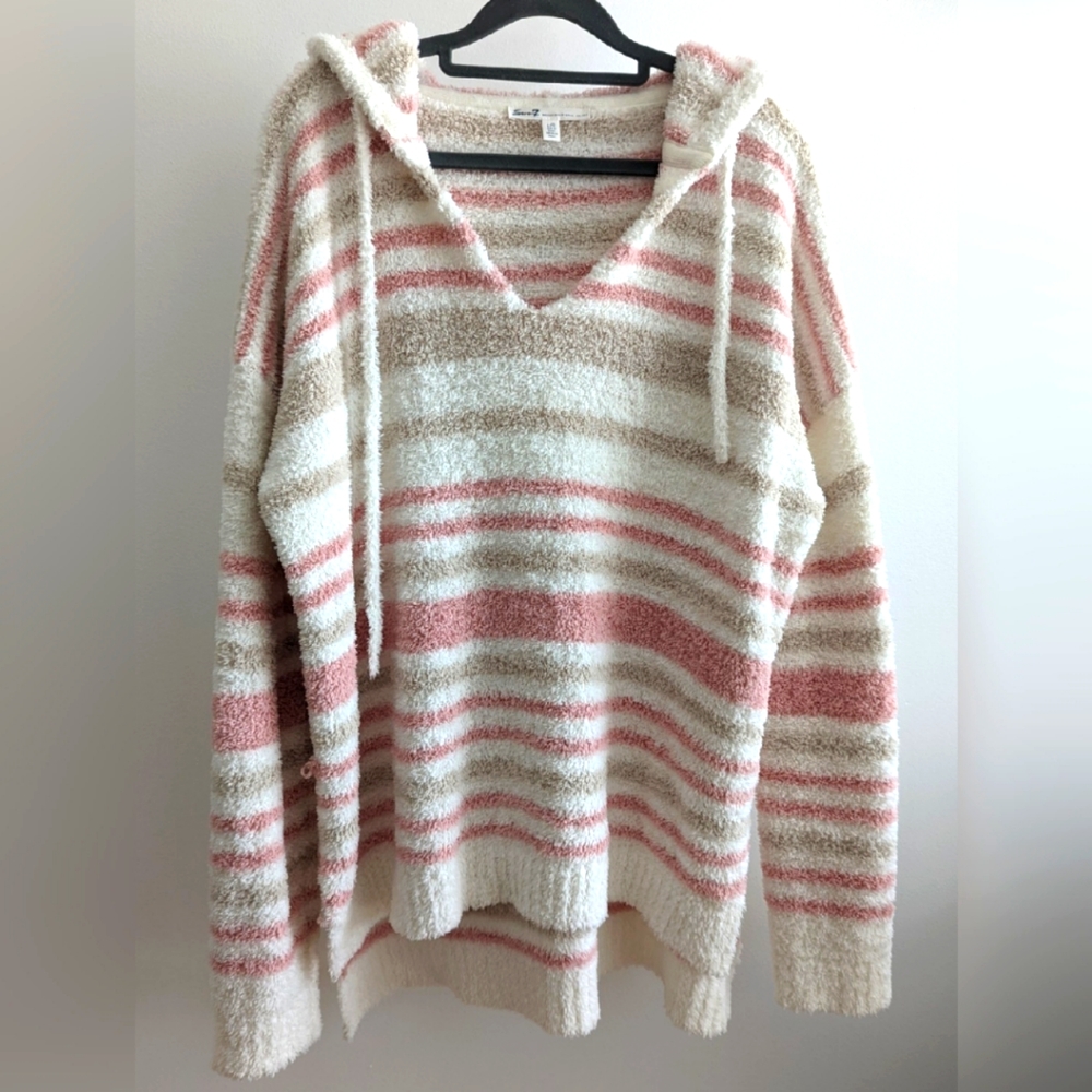 Seven7 Oversized Fluffy Pink/Beige/White Striped Sweater Size L - Large